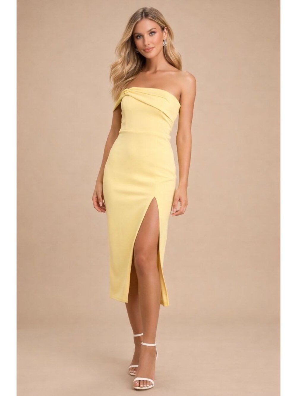 Lulu's Pale Yellow One-Shoulder Midi Dress